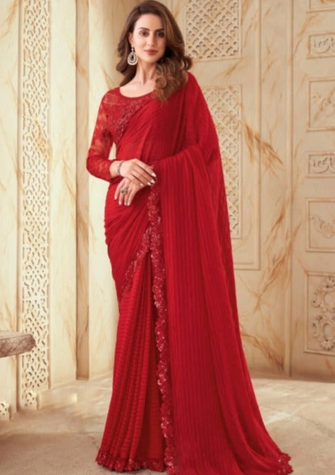 Red Party Wear Saree – StylebyPanaaash