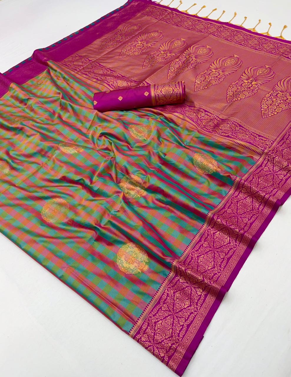 Teal-Green Checks Readymade/Easy Kanjivaram Saree - Panaash Saree