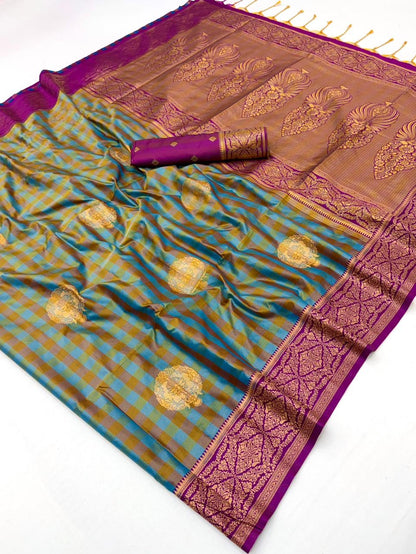 Turquoise-Pink Checks Readymade/Easy Kanjivaram Saree - Panaash Saree