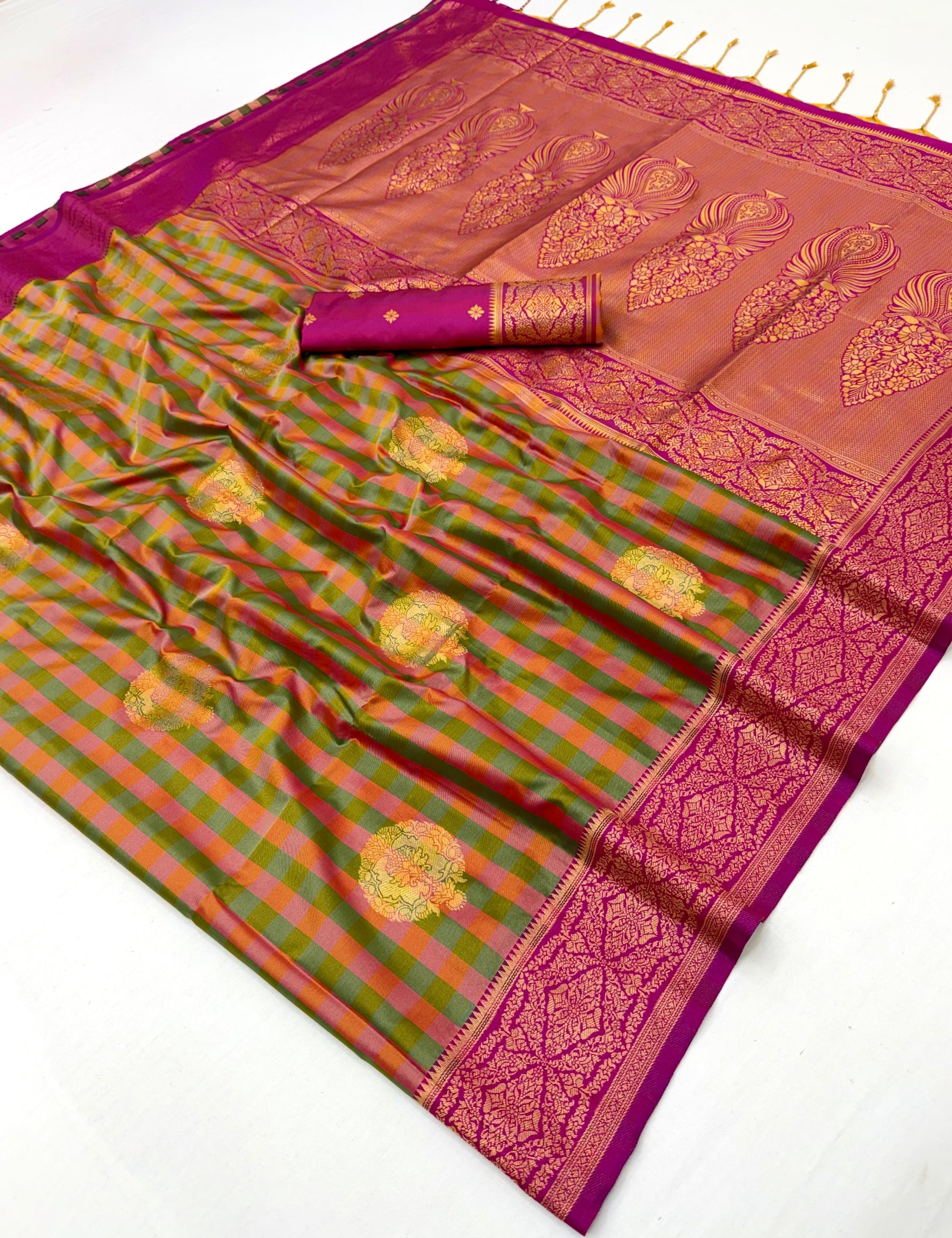 Olive Green-Pink Checks Readymade/Easy Kanjivaram Saree - Panaash Saree