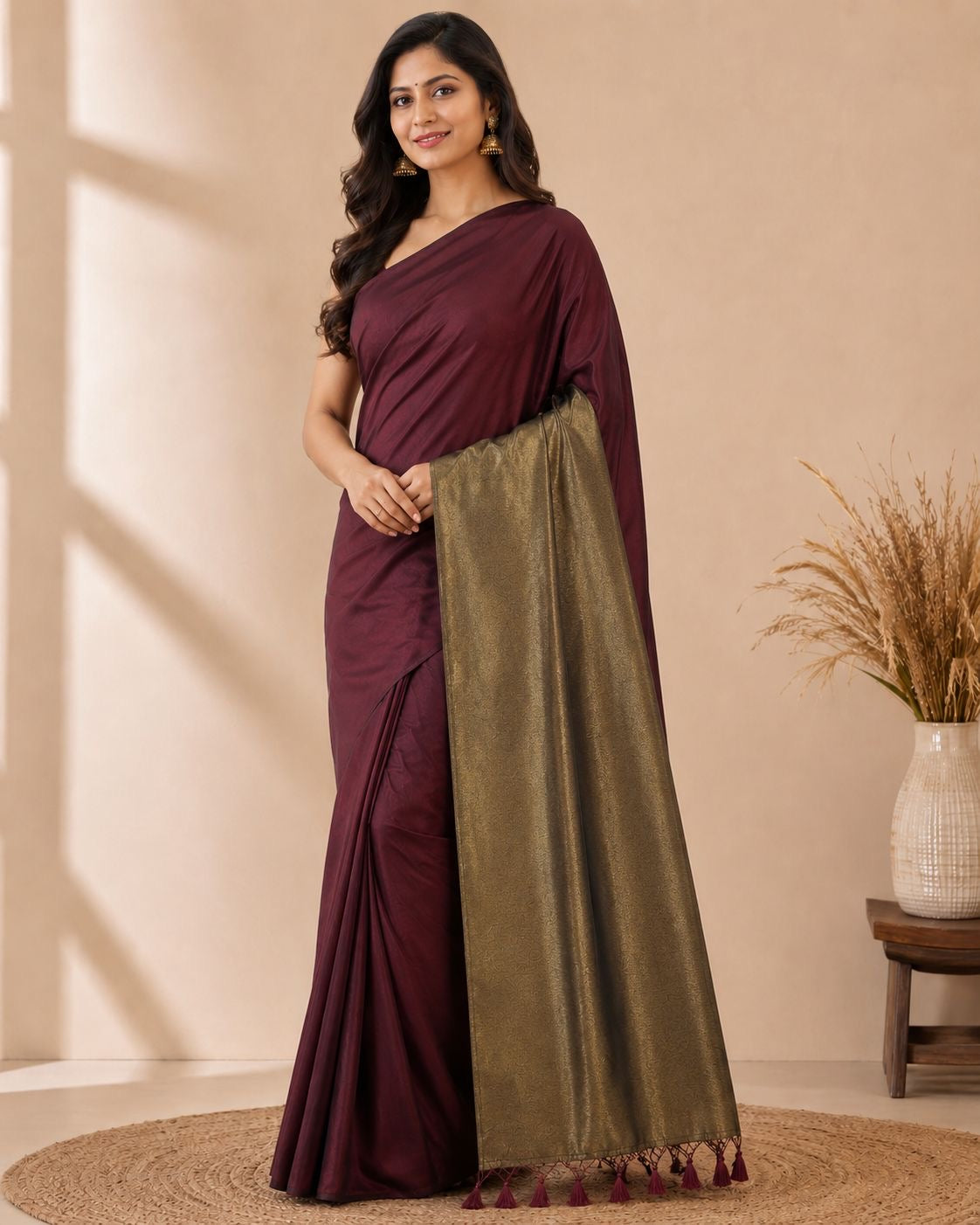 Maroon Khadi Cotton Ready To Wear/Easy Saree - Panaash Saree