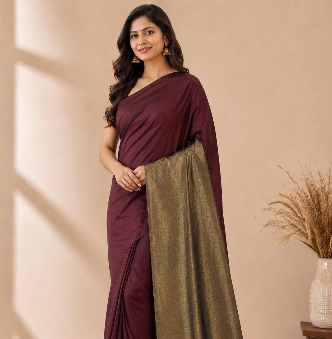 Maroon Khadi Cotton Ready To Wear/Easy Saree - Panaash Saree