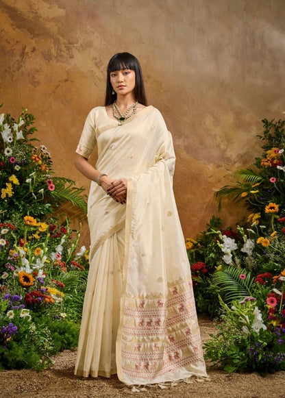 Ivory Munga Silk Ready To Wear/Easy Saree by Stylebypanaash