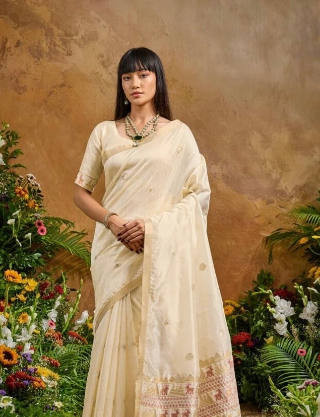 Ivory Munga Silk Ready To Wear/Easy Saree by Stylebypanaash