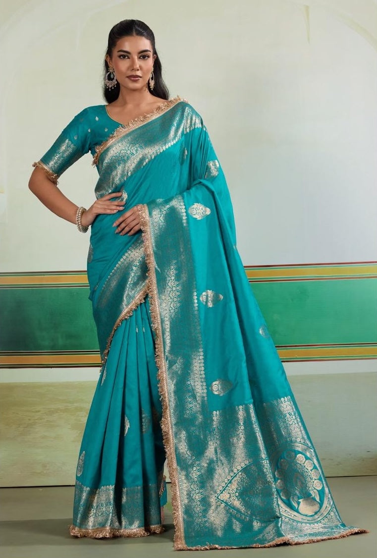 Teal blue Banarasi Silk Readymade/Easy Saree