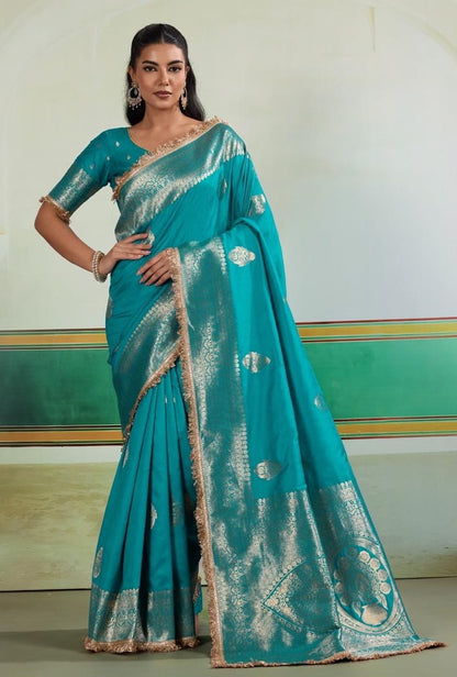 Teal blue Banarasi Silk Readymade/Easy Saree