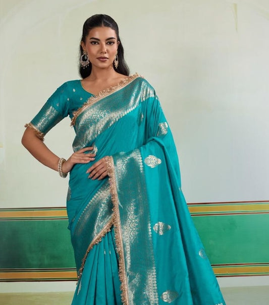 Teal blue Banarasi Silk Readymade/Easy Saree