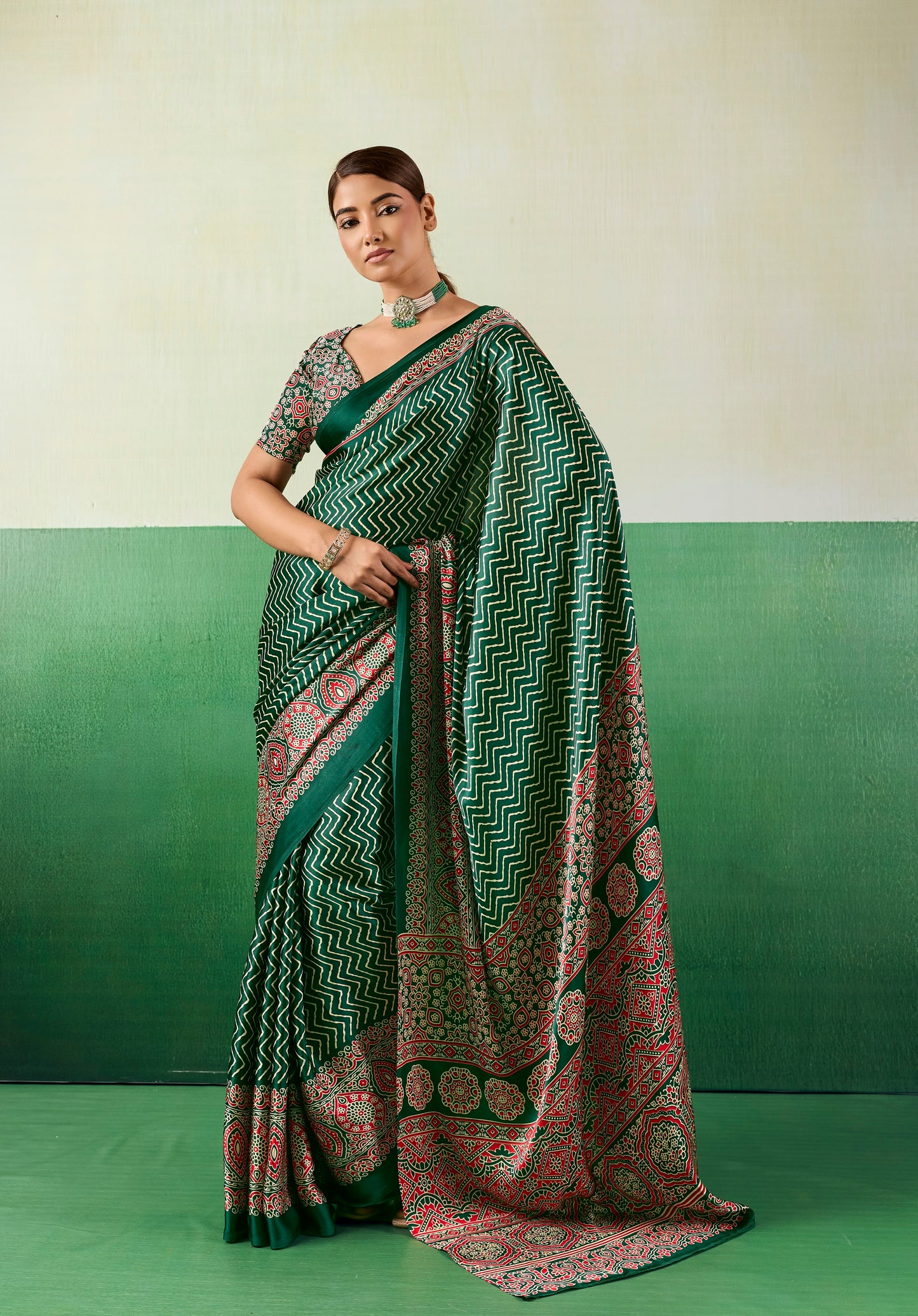Green Modal Satin Office Wear Ready To Wear/Easy Saree - Panaash Saree