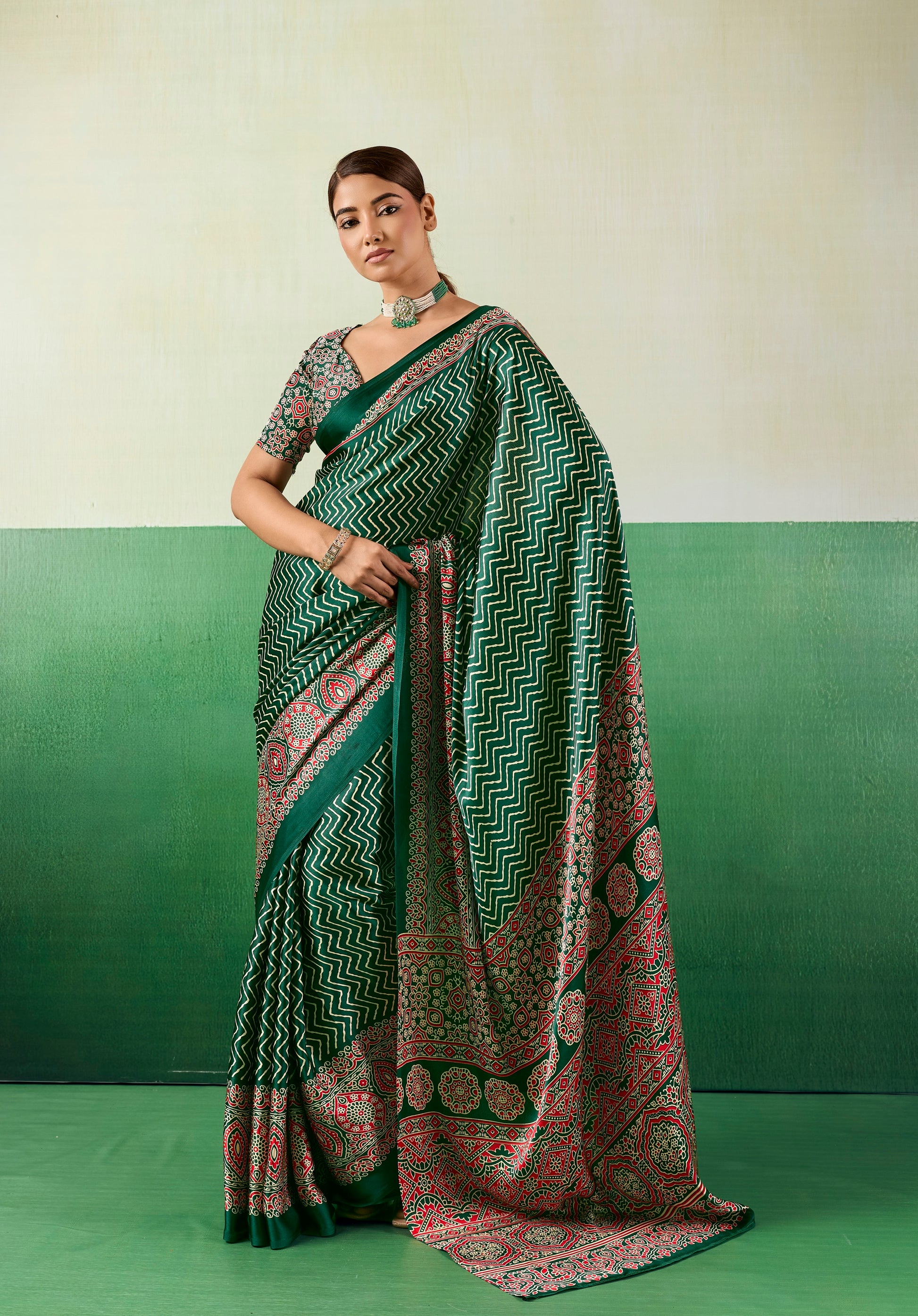 Green Modal Satin Office Wear Ready To Wear/Easy Saree - Panaash Saree