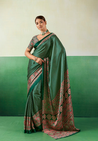 Green Modal Satin Office Wear Ready To Wear/Easy Saree - Panaash Saree