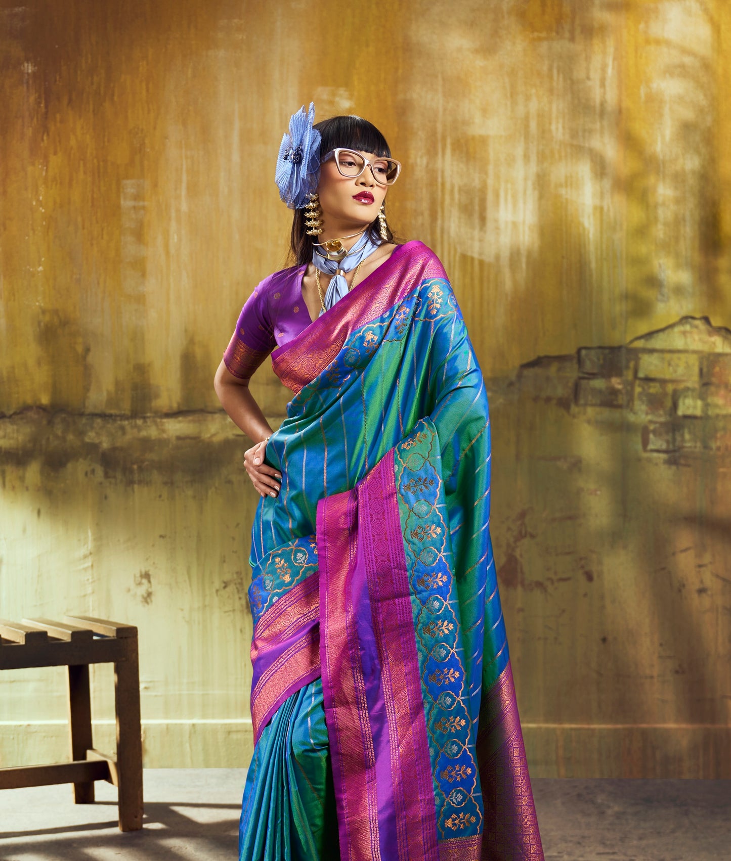 Peacock Blue Kanjivaram Silk Ready To Wear/Easy Saree