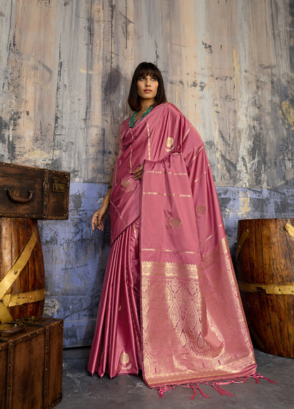 Rose Pink Satin Silk Ready To Wear/Easy Saree