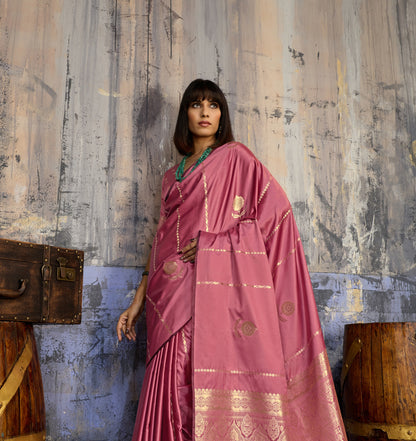 Rose Pink Satin Silk Ready To Wear/Easy Saree