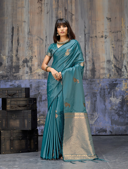 Teal Blue Satin Silk Readymade/Easy Saree - Panaash Saree