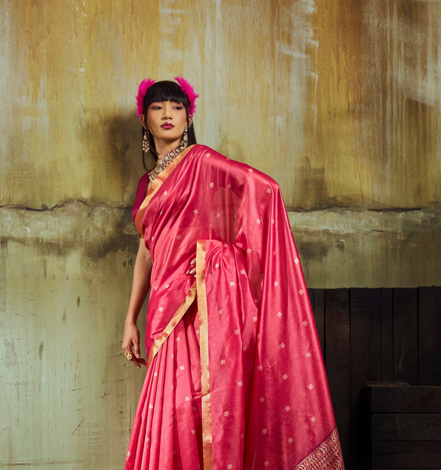 Pink Munga Silk Ready To Wear/Easy Saree