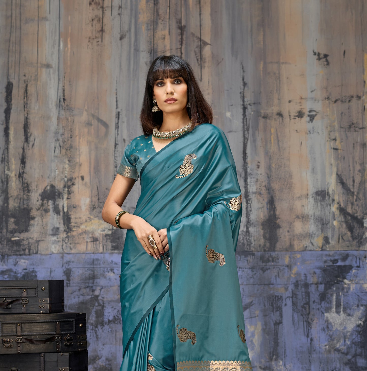 Teal Blue Satin Silk Readymade/Easy Saree - Panaash Saree