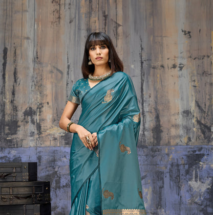 Teal Blue Satin Silk Readymade/Easy Saree - Panaash Saree