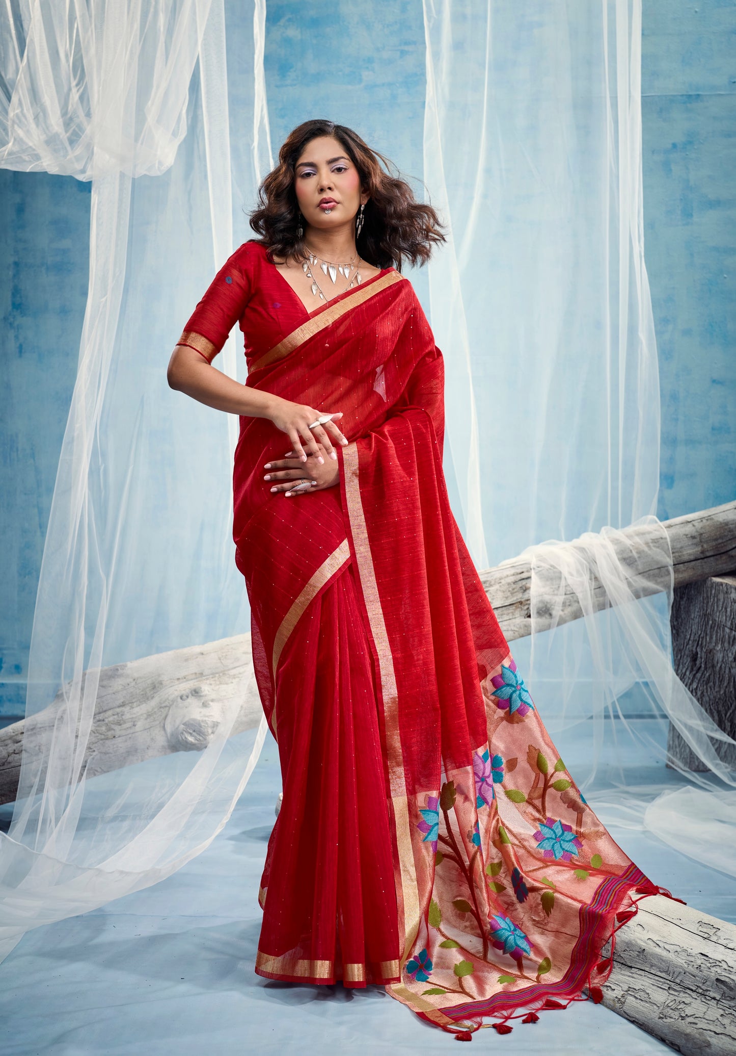 Red Munga Silk Ready To Wear/Easy Saree
