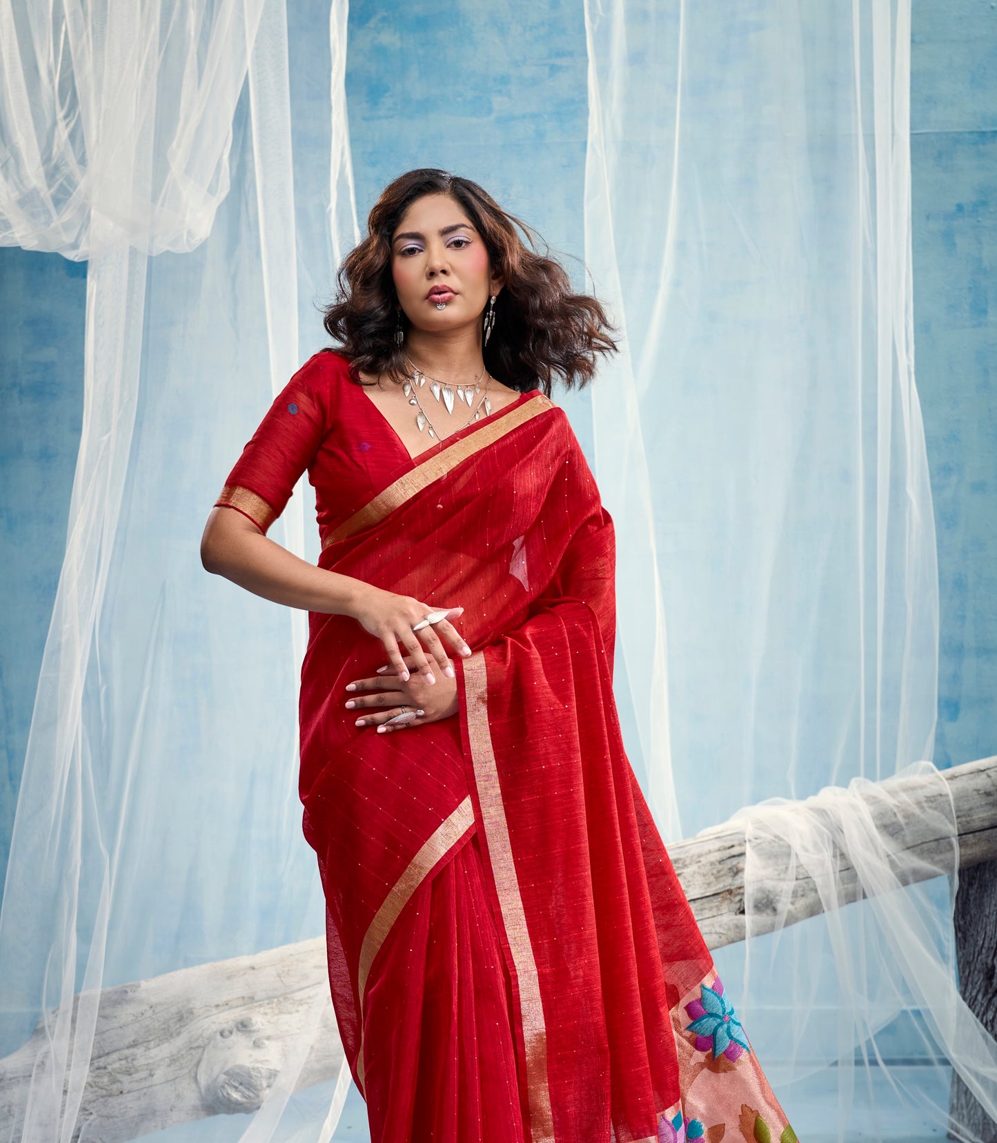 Red Munga Silk Ready To Wear/Easy Saree