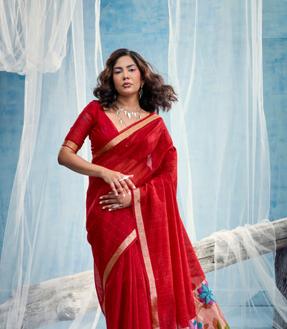 Red Munga Silk Ready To Wear/Easy Saree