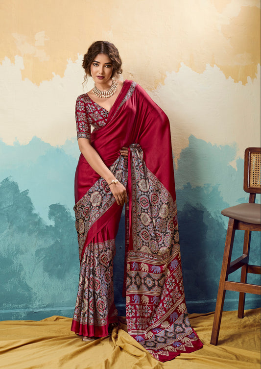 Red Crepe Silk Ready To Wear/Easy Saree - Panaash Saree