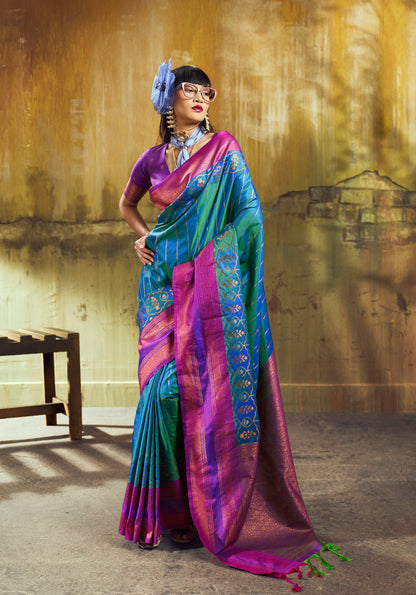 Peacock Blue Kanjivaram Silk Ready To Wear/Easy Saree