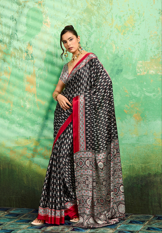 Black Modal Satin Office Wear Ready To Wear/Easy Saree - Panaash Saree