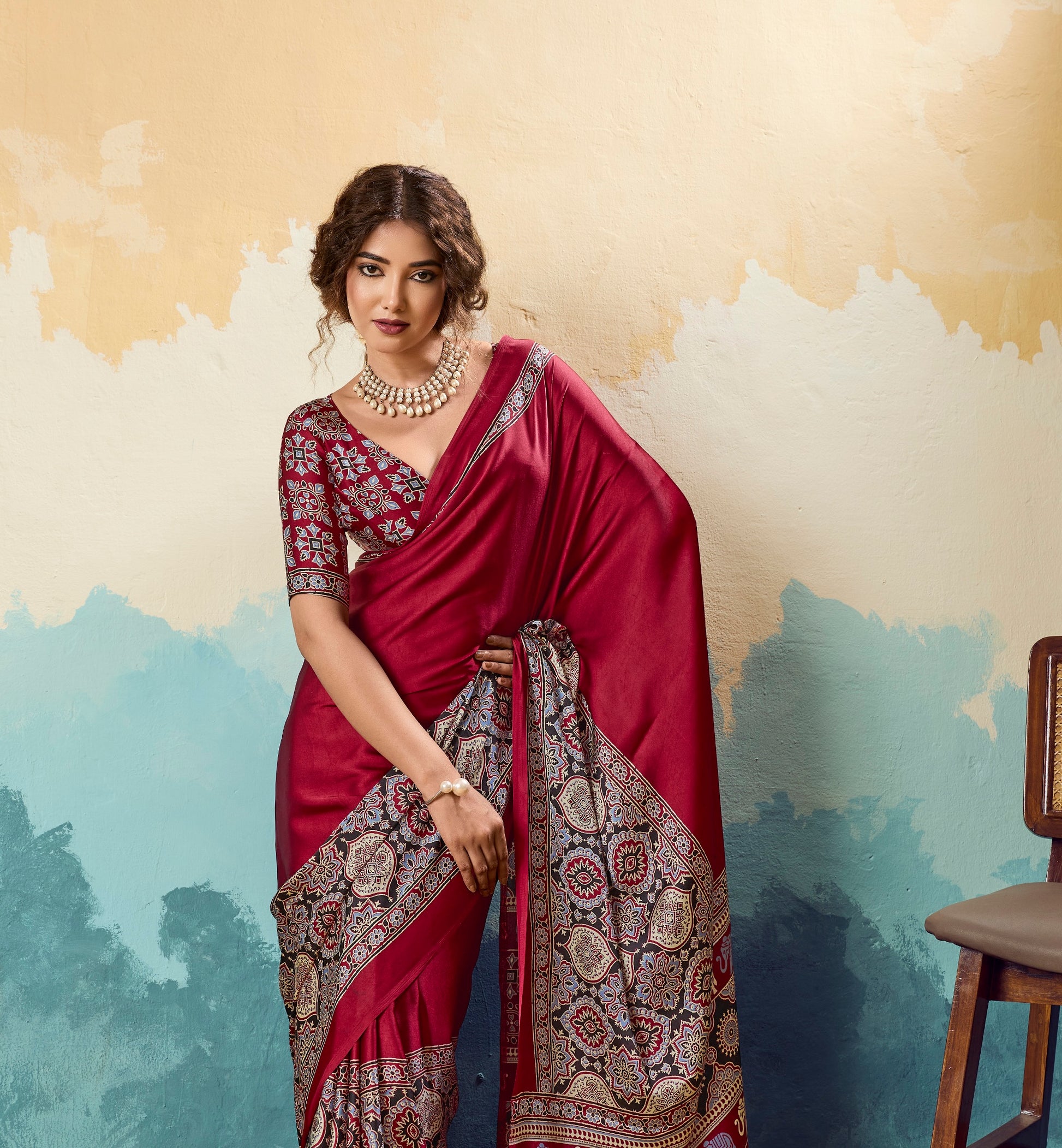 Red Crepe Silk Ready To Wear/Easy Saree - Panaash Saree