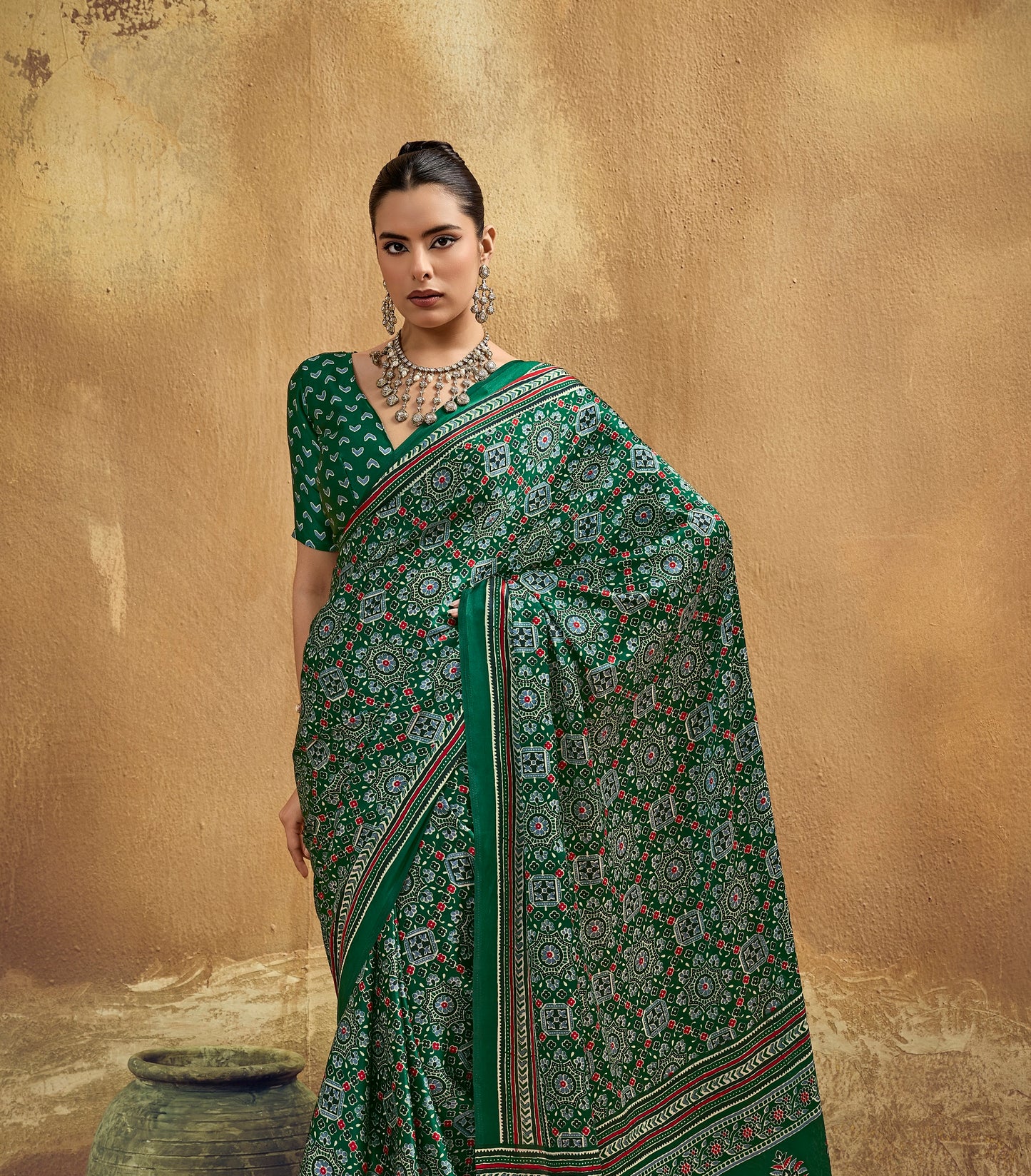 Green Modal Satin Ready To Wear/Easy Saree - Panaash Saree