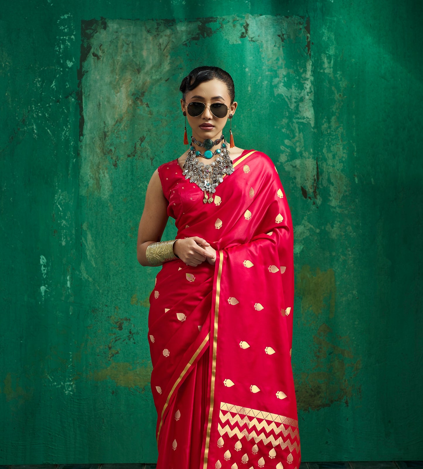 Bright Red Satin Silk Ready To Wear/Easy Saree