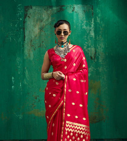 Bright Red Satin Silk Ready To Wear/Easy Saree