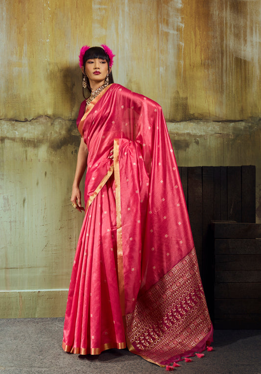 Pink Munga Silk Ready To Wear/Easy Saree
