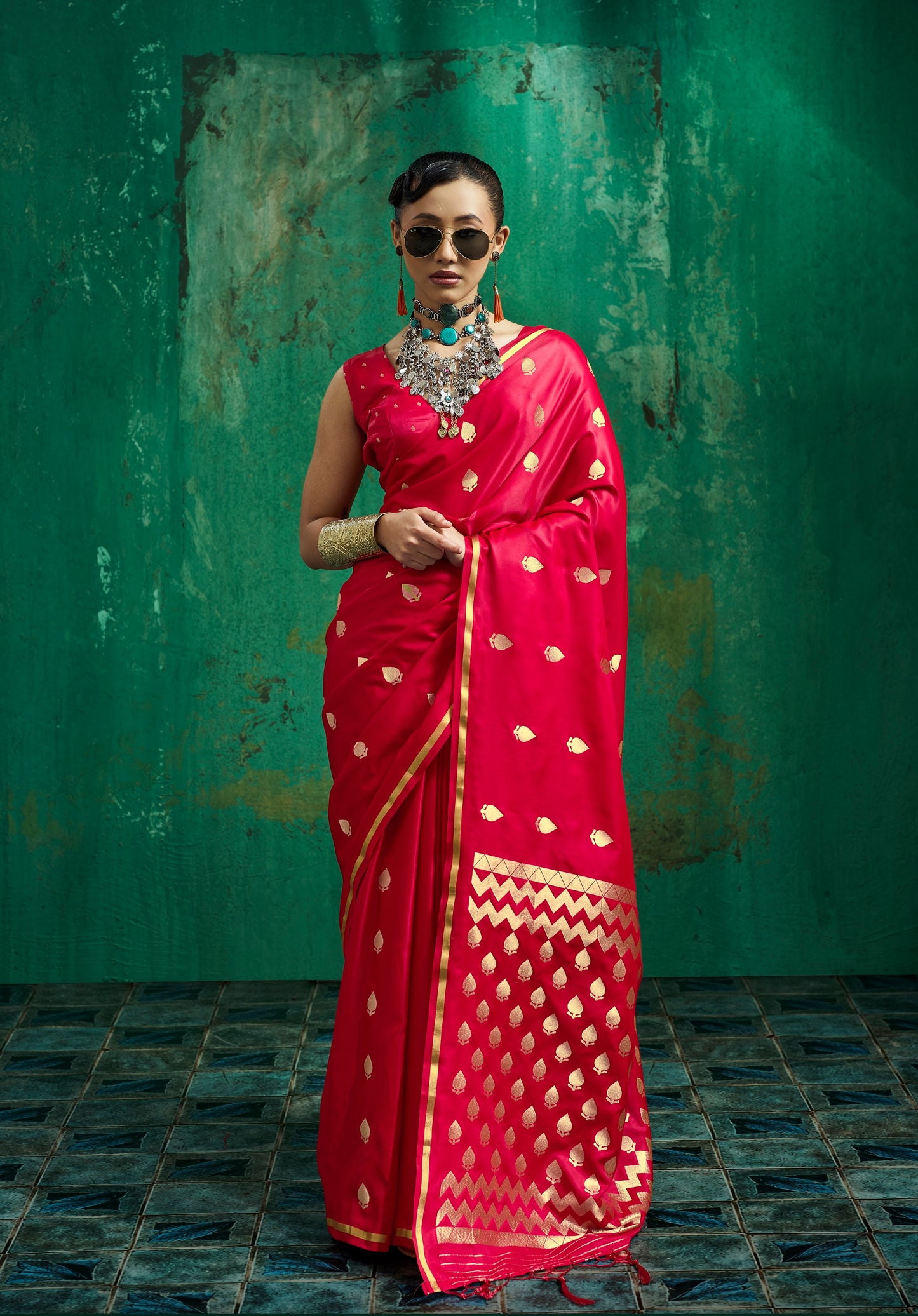 Bright Red Satin Silk Ready To Wear/Easy Saree
