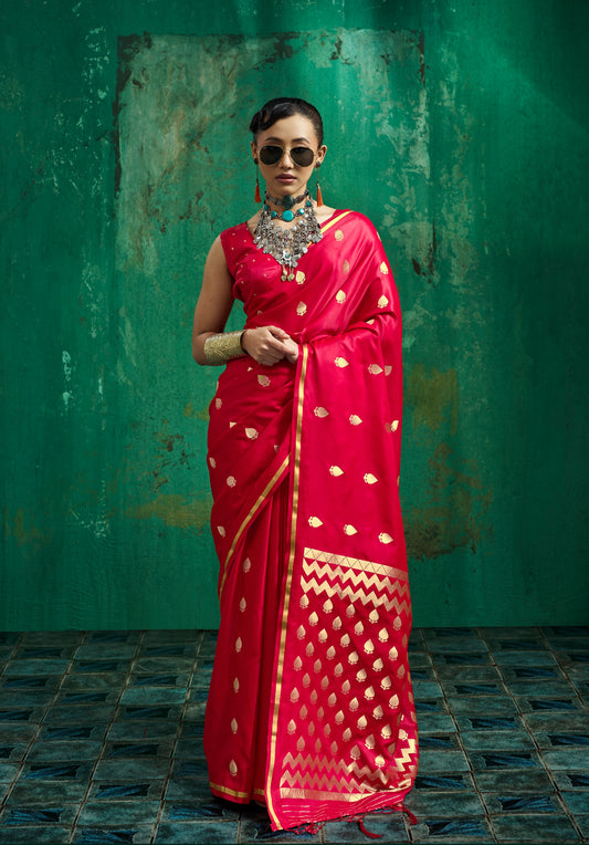 Bright Red Satin Silk Ready To Wear/Easy Saree