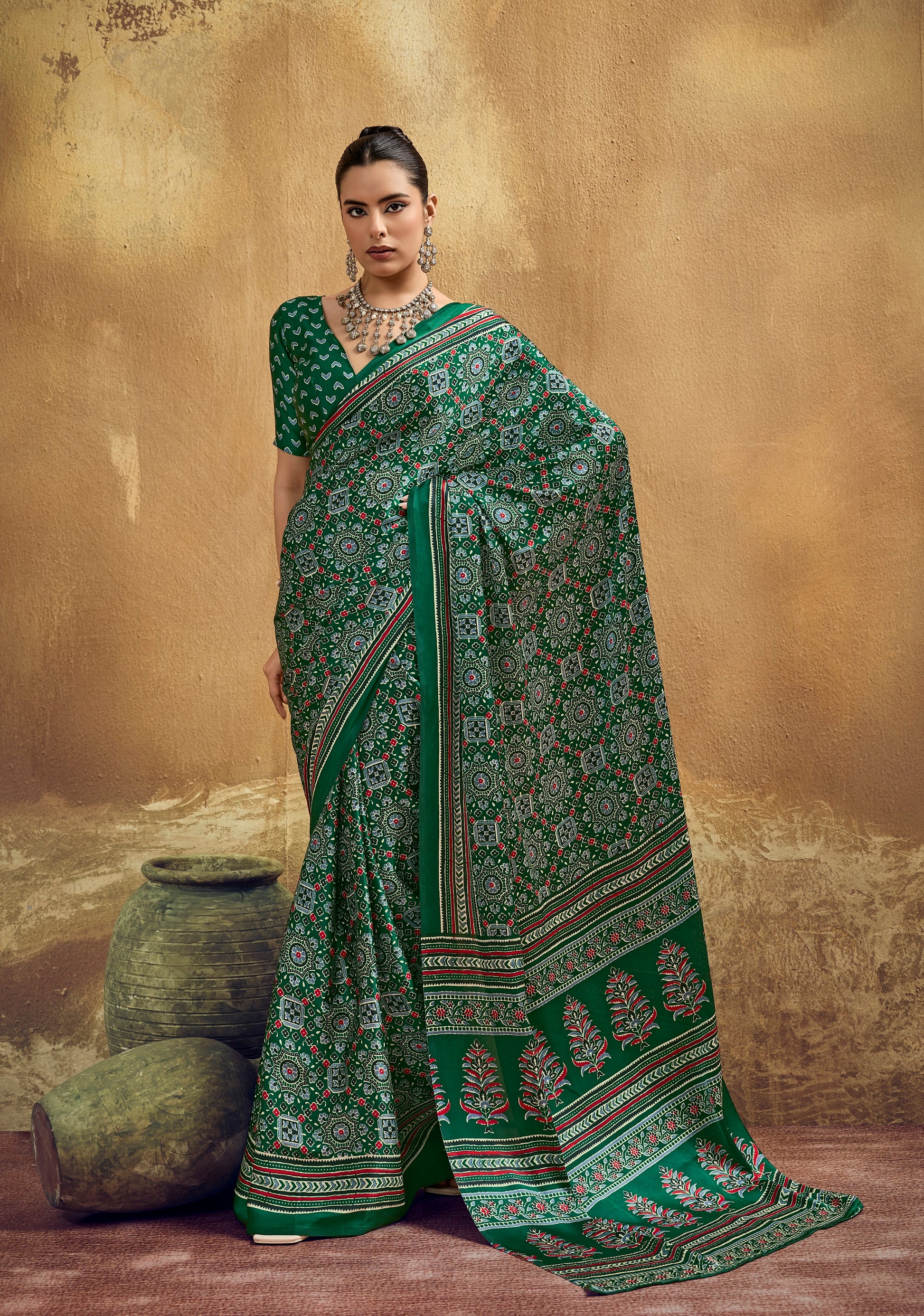Green Modal Satin Ready To Wear/Easy Saree - Panaash Saree