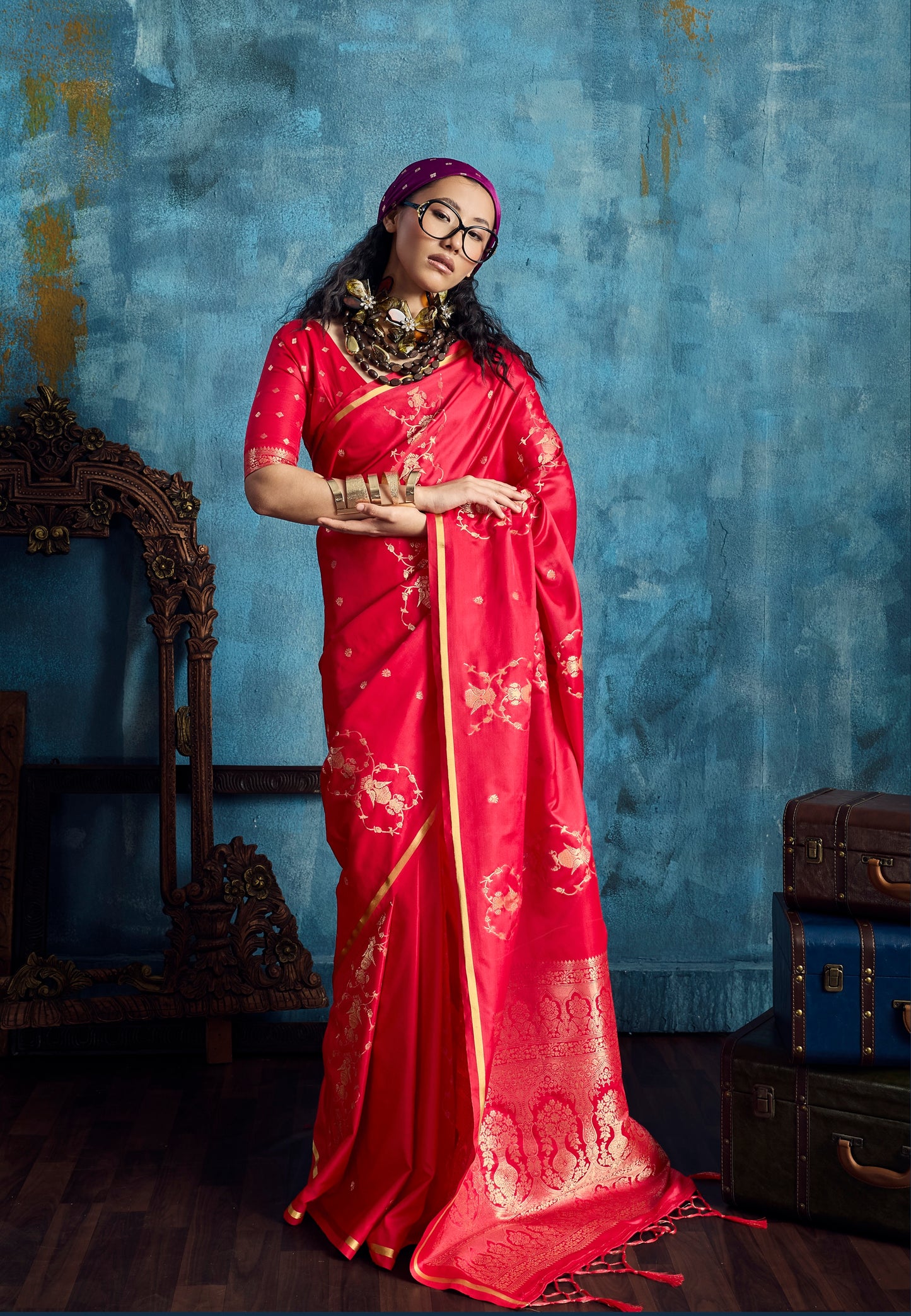 Red Satin Silk Ready To Wear/Easy Saree