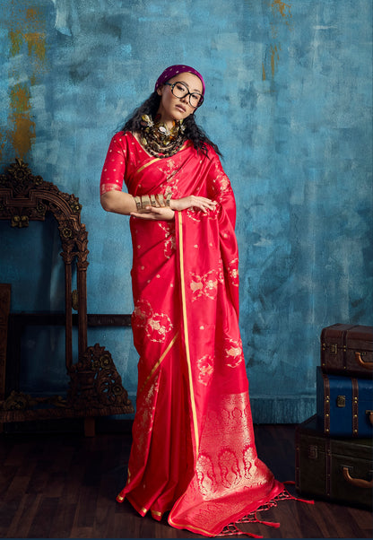 Red Satin Silk Ready To Wear/Easy Saree