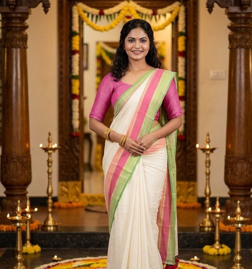 Off White Mul Cotton Ready To Wear/Easy Saree - Panaash Saree