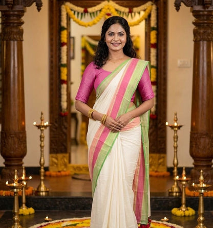 Off White Mul Cotton Ready To Wear/Easy Saree - Panaash Saree