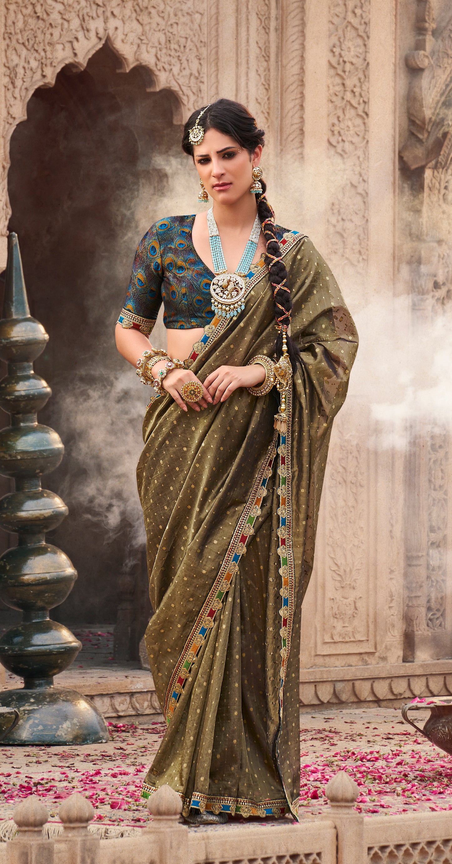 Dark Olive Color Designer Banarasi Tissue Silk Readymade/Easy Saree