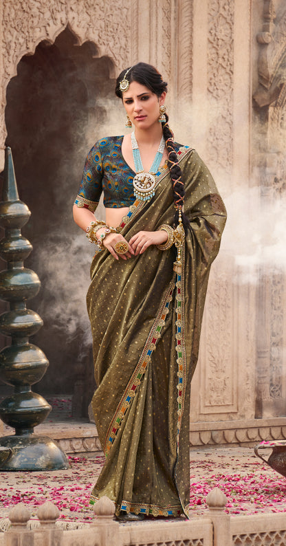 Dark Olive Color Designer Banarasi Tissue Silk Readymade/Easy Saree