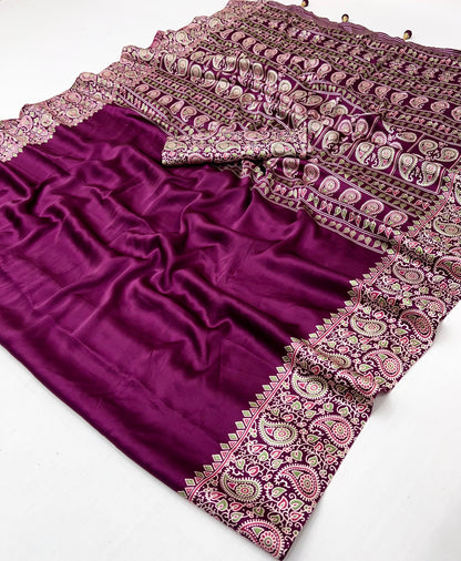 Magenta Readymade Crepe Ajrakh Silk Saree