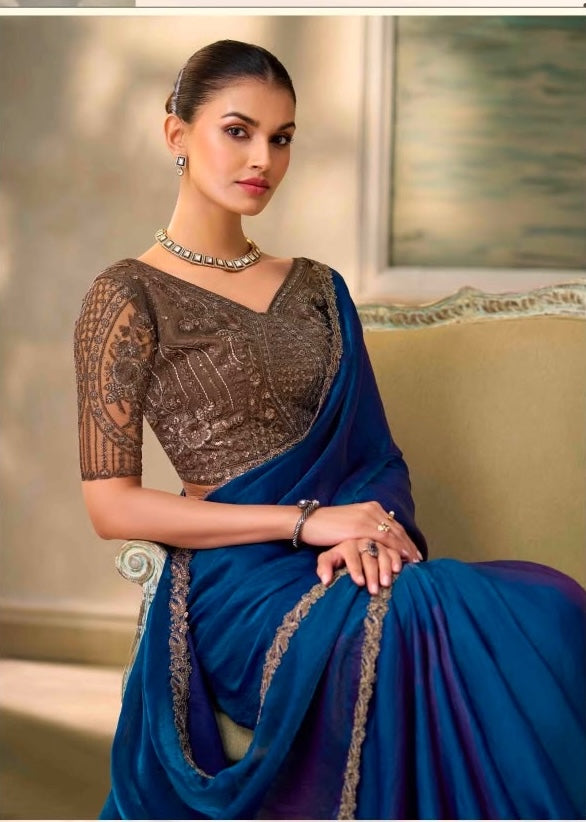 Royal Blue Cocktail Ready To Wear/Easy Saree by Stylebypanaash 