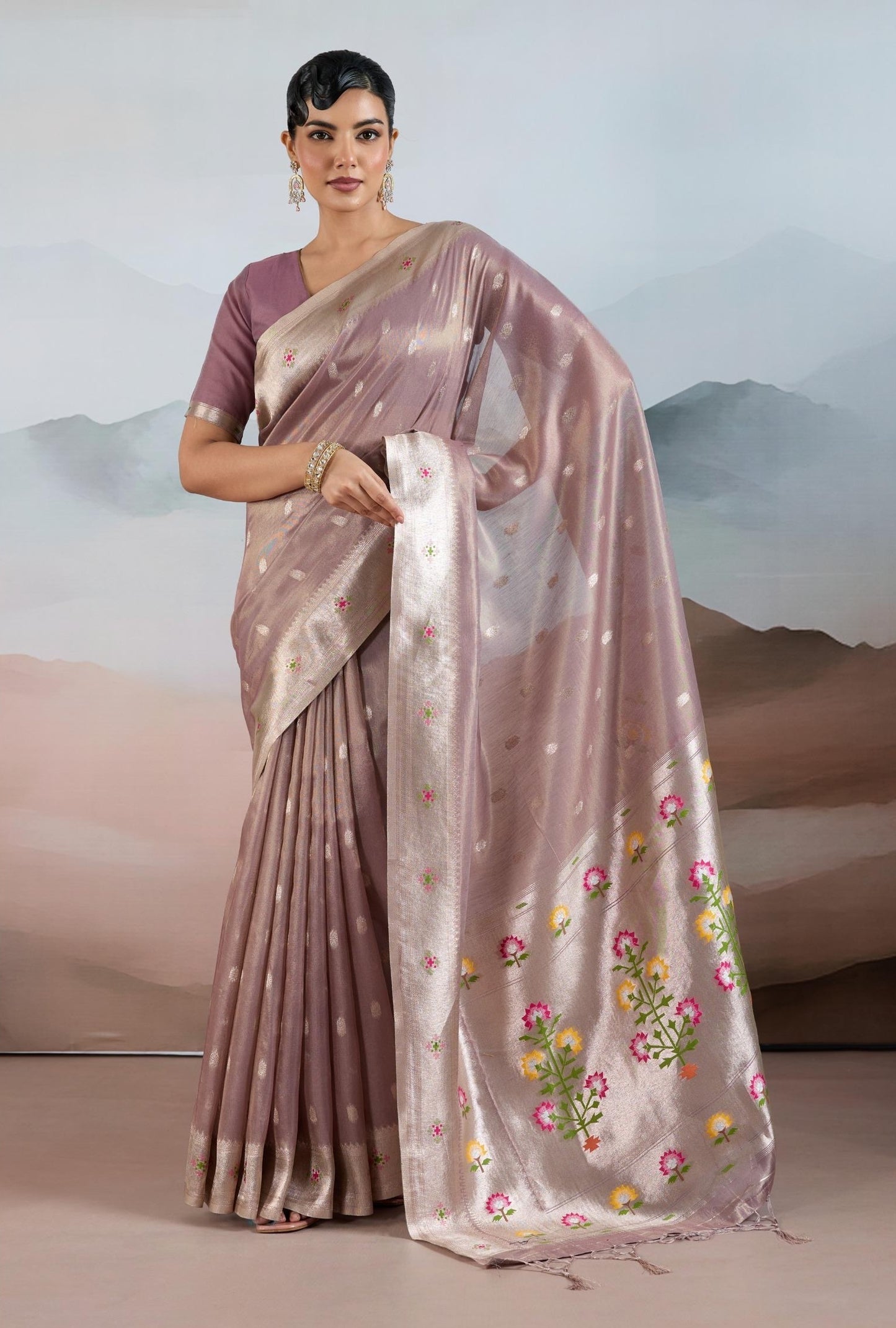 Mauve Pink Paithani Tissue Readymade/Easy Saree