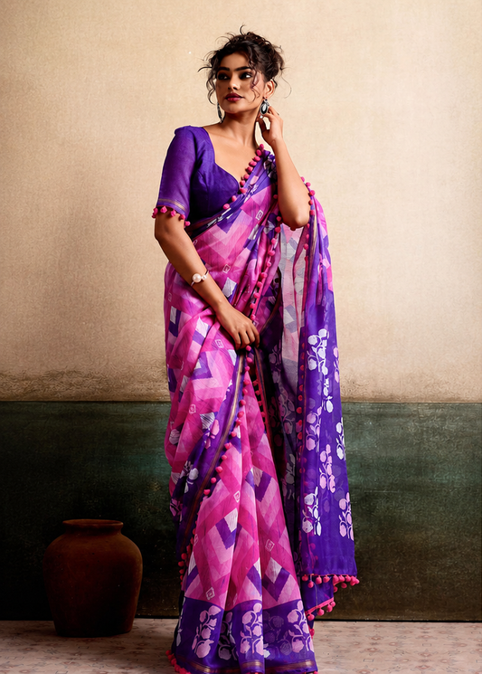 Pink Mul Cotton Ready To Wear/Easy Saree