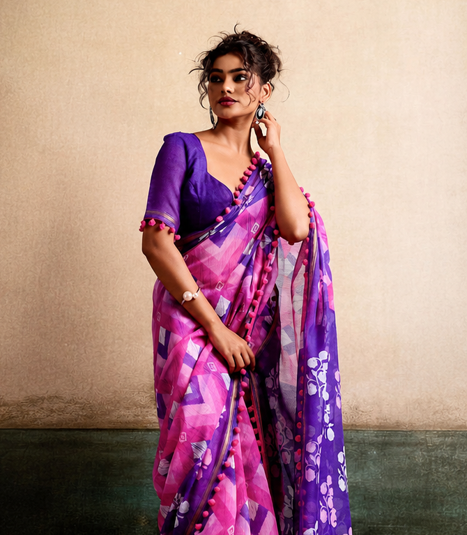 Pink Mul Cotton Ready To Wear/Easy Saree