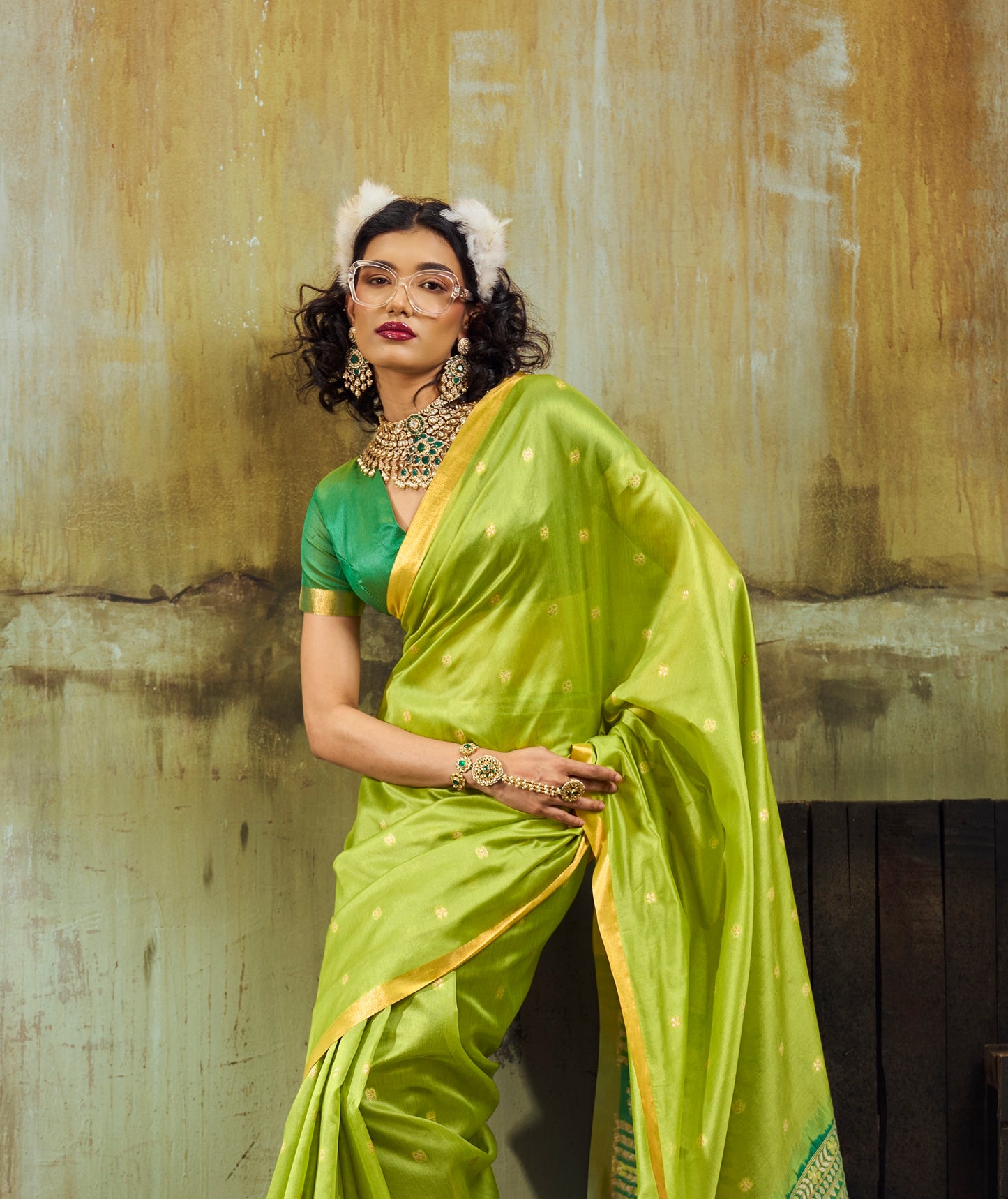 Lime Green Munga Silk Ready To Wear/Easy Saree