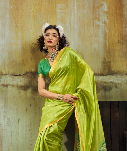 Lime Green Munga Silk Ready To Wear/Easy Saree