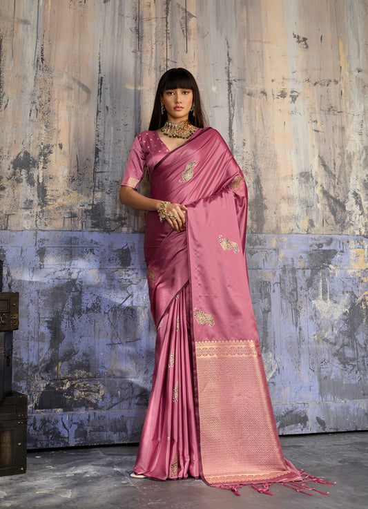 Rose Pink Satin Silk Readymade/Easy Saree - Panaash Saree