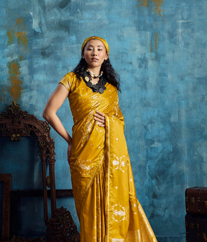Mustard Yellow Satin Silk Ready To Wear/Easy Saree